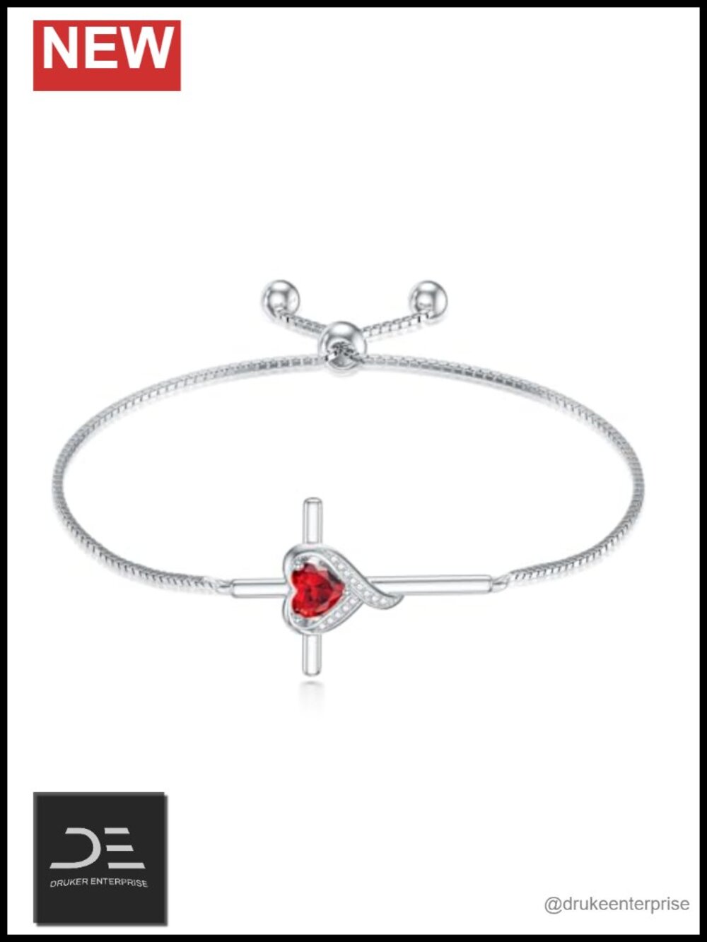 925 Sterling Silver Garnet Cross Bracelet for Women, Adjustable 9in Chain